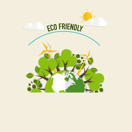 ECO FRIENDLY. Ecology concept with Green Eco Earth and Trees. Vector illustration.のイラスト素材
