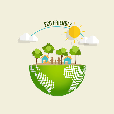 ECO FRIENDLY. Ecology concept with Green Eco Earth and Trees. Vector illustration.のイラスト素材