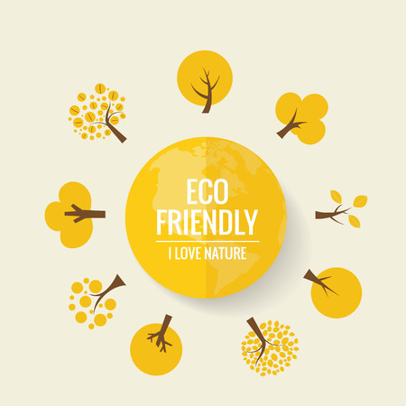 ECO FRIENDLY. Ecology concept with Green Eco Earth and Trees. Vector illustration.のイラスト素材
