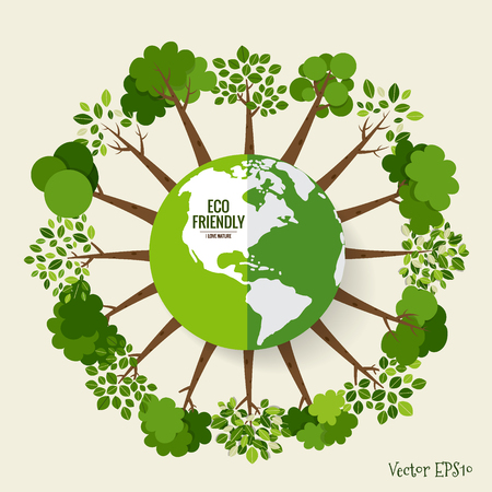 ECO FRIENDLY. Ecology concept with Green Eco Earth and Trees. Vector illustration.のイラスト素材