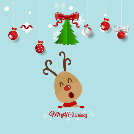 Christmas Greeting Card with Reindeer, Christmas tree and Christmas decorations. Vector illustration.のイラスト素材
