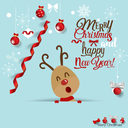 Christmas Greeting Card with Reindeer and Christmas decorations. Vector illustration.のイラスト素材