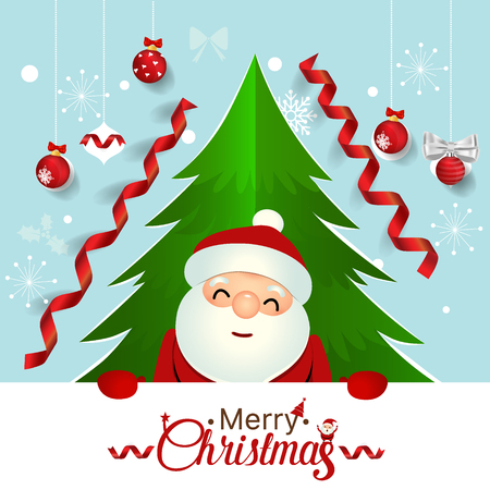 Christmas Greeting Card with Santa Claus, Christmas tree and Christmas decorations. Vector illustration.のイラスト素材
