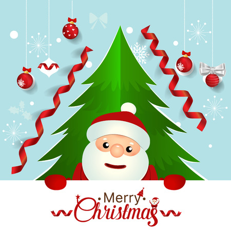 Christmas Greeting Card with Santa Claus, Christmas tree and Christmas decorations. Vector illustration.のイラスト素材