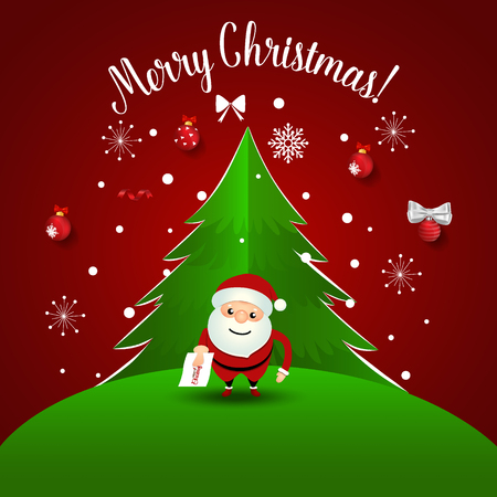 Christmas Greeting Card with Santa Claus and Christmas tree. Vector illustration.のイラスト素材