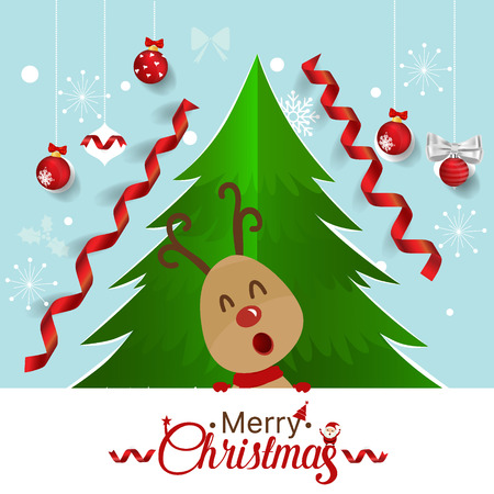 Christmas Greeting Card with Reindeer, Christmas tree and Christmas decorations. Vector illustration.のイラスト素材