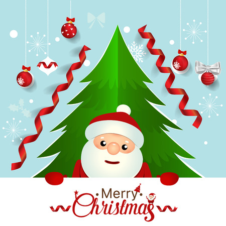 Christmas Greeting Card with Santa Claus, Christmas tree and Christmas decorations. Vector illustration.のイラスト素材