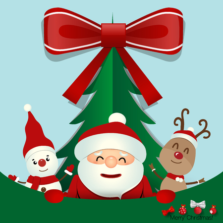 Christmas Greeting Card with Christmas Santa Claus ,Snowman and reindeer. Vector illustration.のイラスト素材