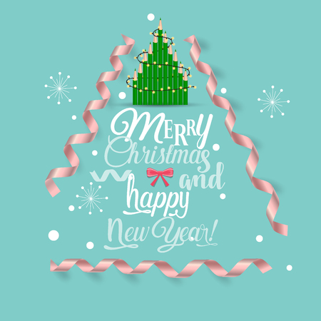 Christmas Greeting Card with Merry Christmas lettering and Christmas tree, vector illustration.のイラスト素材