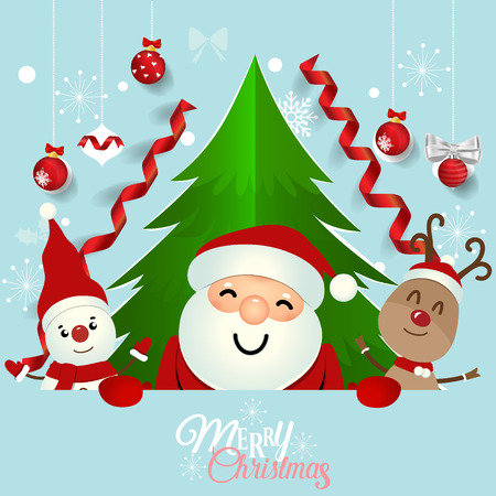 Christmas Greeting Card with Christmas Santa Claus ,Snowman and reindeer. Vector illustration.のイラスト素材