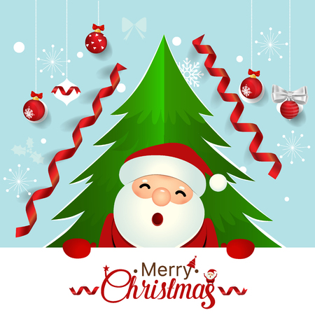 Christmas Greeting Card with Santa Claus, Christmas tree and Christmas decorations. Vector illustration.のイラスト素材