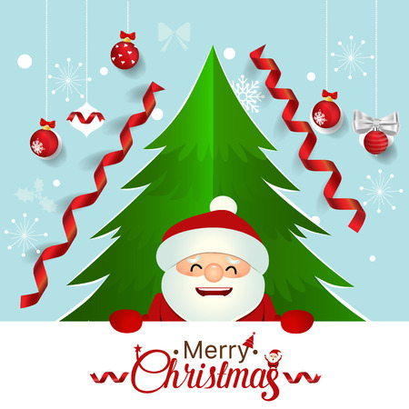 Christmas Greeting Card with Santa Claus, Christmas tree and Christmas decorations. Vector illustration.のイラスト素材