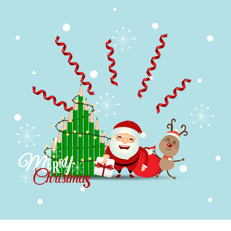 Christmas Greeting Card with Santa Claus and Christmas tree. Vector illustration.のイラスト素材