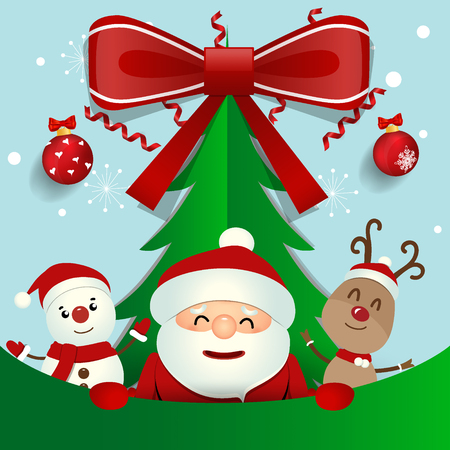 Christmas Greeting Card with Christmas Santa Claus ,Snowman and reindeer. Vector illustration.のイラスト素材