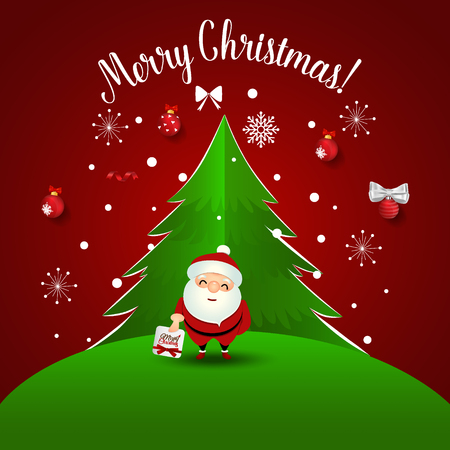Christmas Greeting Card with Santa Claus and Christmas tree. Vector illustration.のイラスト素材