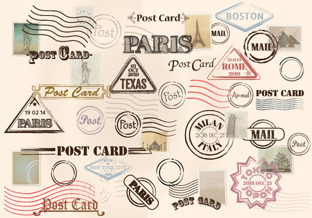 Collection of colorful grungy stamps with text.のイラスト素材