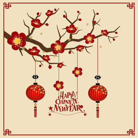 Chinese new year background design with Chinese New Year lettering. Vector Illustration.のイラスト素材