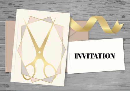 Paper with text Invitation. Colorful vintage banner with scissors and ribbon. Vector Illustration.のイラスト素材