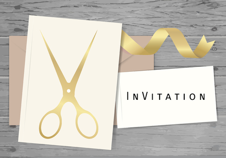 Paper with text Invitation. Colorful vintage banner with scissors and ribbon. Vector Illustration.のイラスト素材