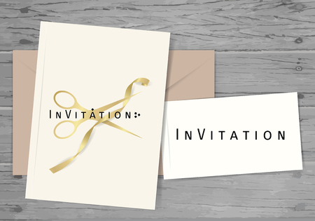 Paper with text Invitation. Colorful vintage banner with scissors and ribbon. Vector Illustration.のイラスト素材