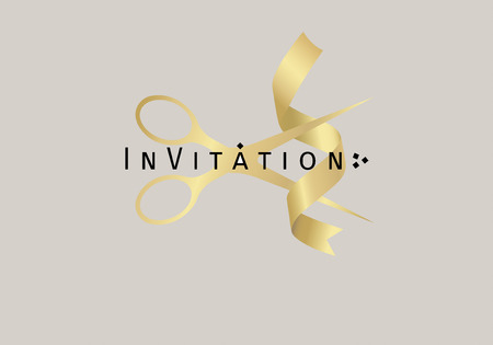 Paper with text Invitation. Colorful vintage banner with scissors and ribbon. Vector Illustration.のイラスト素材