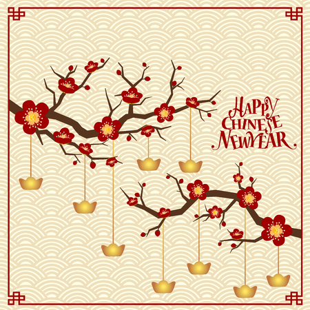 Chinese new year background design with Chinese New Year lettering. Vector Illustration.のイラスト素材
