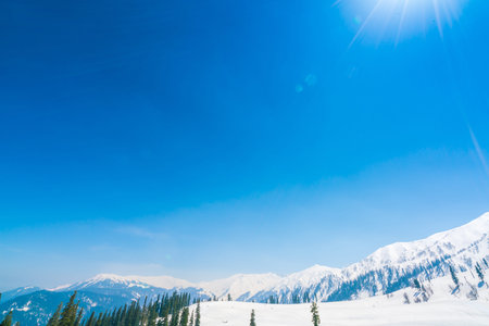 Beautiful  River and snow covered mountains landscape Kashmir state, India