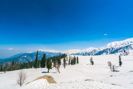Beautiful  River and snow covered mountains landscape Kashmir state, Indiaの写真素材