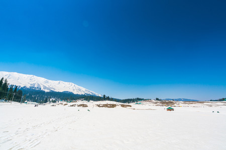 Beautiful  River and snow covered mountains landscape Kashmir state, Indiaの写真素材