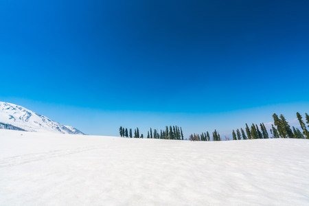 Beautiful  River and snow covered mountains landscape Kashmir state, Indiaの写真素材