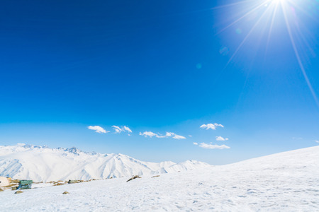 Beautiful  River and snow covered mountains landscape Kashmir state, Indiaの写真素材