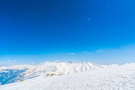 Beautiful  River and snow covered mountains landscape Kashmir state, Indiaの写真素材