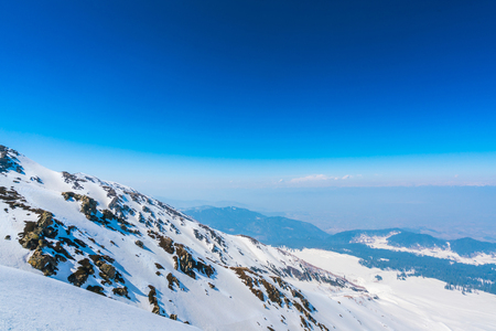 Beautiful  River and snow covered mountains landscape Kashmir state, Indiaの写真素材