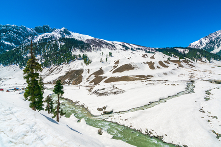 Beautiful  River and snow covered mountains landscape Kashmir state, Indiaの写真素材