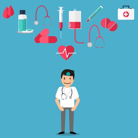 Doctor with medical tool and medical instrument , vector illustration. Concept healthcare. Medical background. のイラスト素材