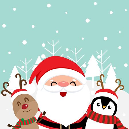 Holiday Christmas greeting card with Santa Claus, reindeer and Penguin cartoon. Vector illustration.のイラスト素材
