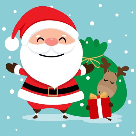 Holiday Christmas greeting card with Santa Claus, and reindeer. Vector illustration.のイラスト素材