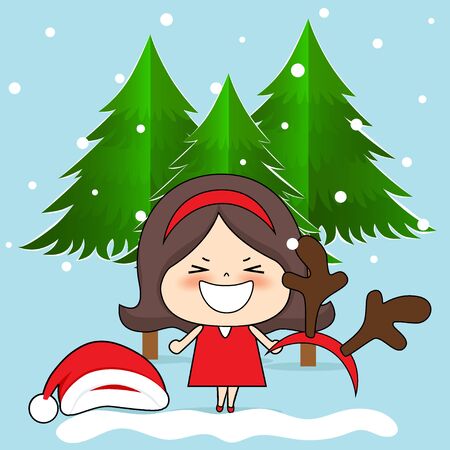 Cute character girl with santa costume. Christmas background. Christmas Greeting Card. Vector illustration.のイラスト素材