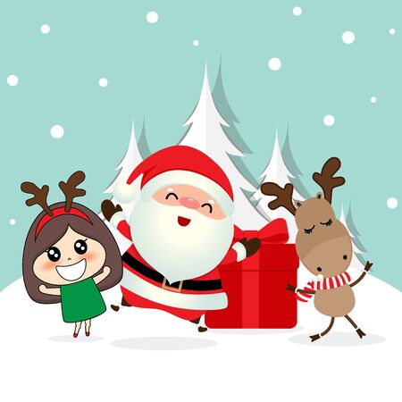 Christmas Greeting Card with Christmas Santa Claus, reindeer and cute girl. Vector illustration.のイラスト素材