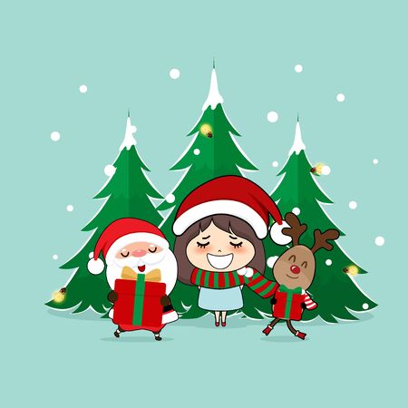 Christmas Greeting Card with Christmas Santa Claus, reindeer and cute girl. Vector illustration.のイラスト素材