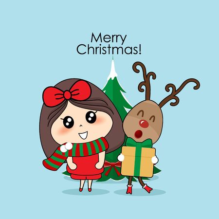 Cute reindeer and Cute character girl with santa costume. Christmas background. Christmas Greeting Card. Vector illustration.のイラスト素材