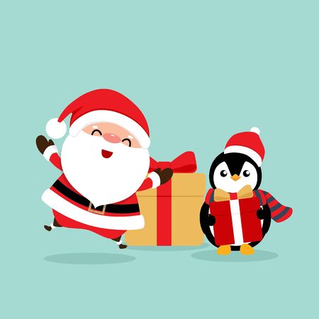 Holiday Christmas greeting card with Santa Claus, and Penguin cartoon. Vector illustration.のイラスト素材