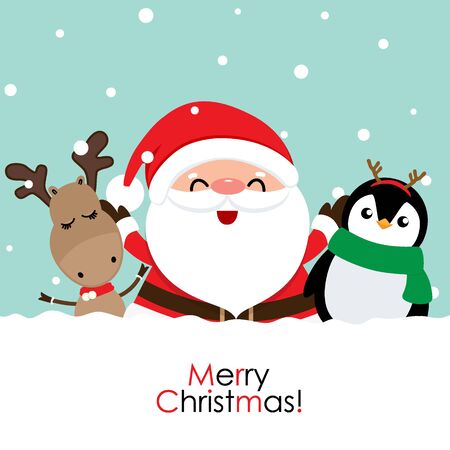 Holiday Christmas greeting card with Santa Claus, reindeer and Penguin cartoon. Vector illustration.のイラスト素材