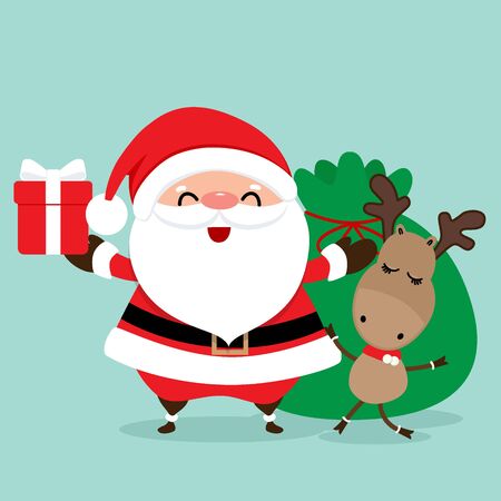 Holiday Christmas greeting card with Santa Claus, and reindeer. Vector illustration.のイラスト素材