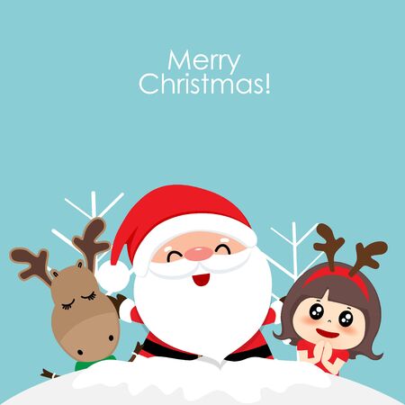 Christmas Greeting Card with Christmas Santa Claus, reindeer and cute girl. Vector illustration.のイラスト素材