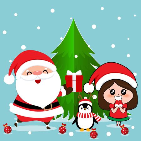 Santa Claus, Penguin and Cute girl with santa costume. Christmas background. Christmas Greeting Card. Vector illustration.のイラスト素材