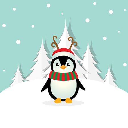 Holiday Christmas greeting card with Penguin cartoon. Vector illustration.のイラスト素材