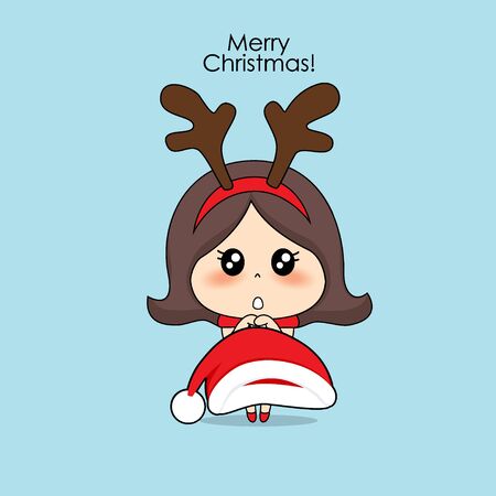 Cute character girl with santa costume. Christmas background. Christmas Greeting Card. Vector illustration.のイラスト素材