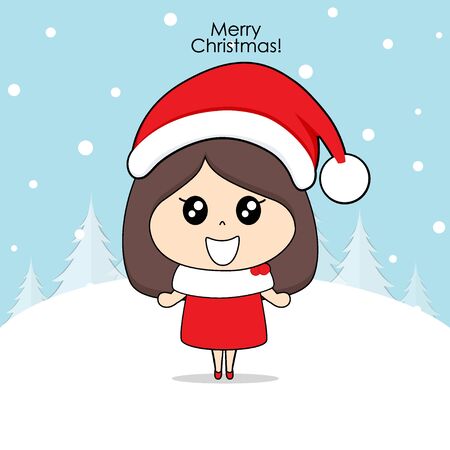 Cute character girl with santa costume. Christmas background. Christmas Greeting Card. Vector illustration.のイラスト素材