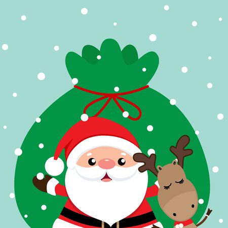 Holiday Christmas greeting card with Santa Claus, and reindeer. Vector illustration.のイラスト素材